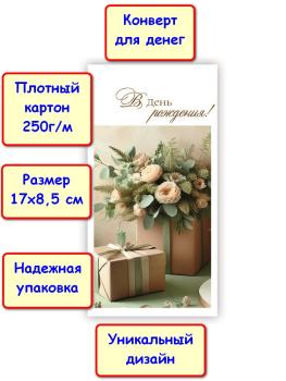 Конверт для денег "В День рождения!", букет цветов (5КХ-215)