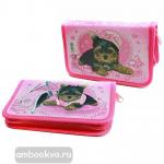 Пенал 1 отделение на молнии. Ламинированный картон и ткань. Малыши на розовом