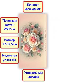 Конверт для денег "С Днём рождения!", цветы (5КХ-277)